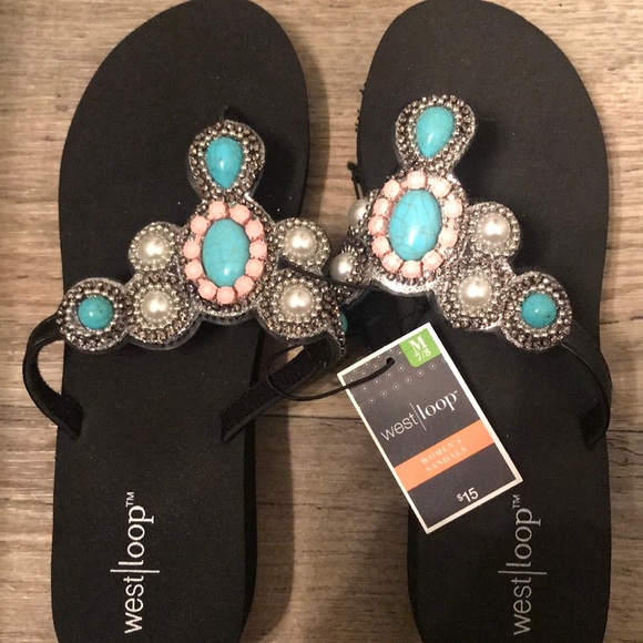 Black with pearl and turquoise stone thong sandal - Picture 1 of 3